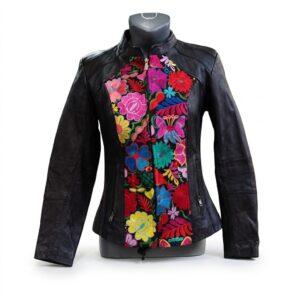 Chamarra de Piel Artesanal con Bordado Floral para Mujer Hecha a Mano